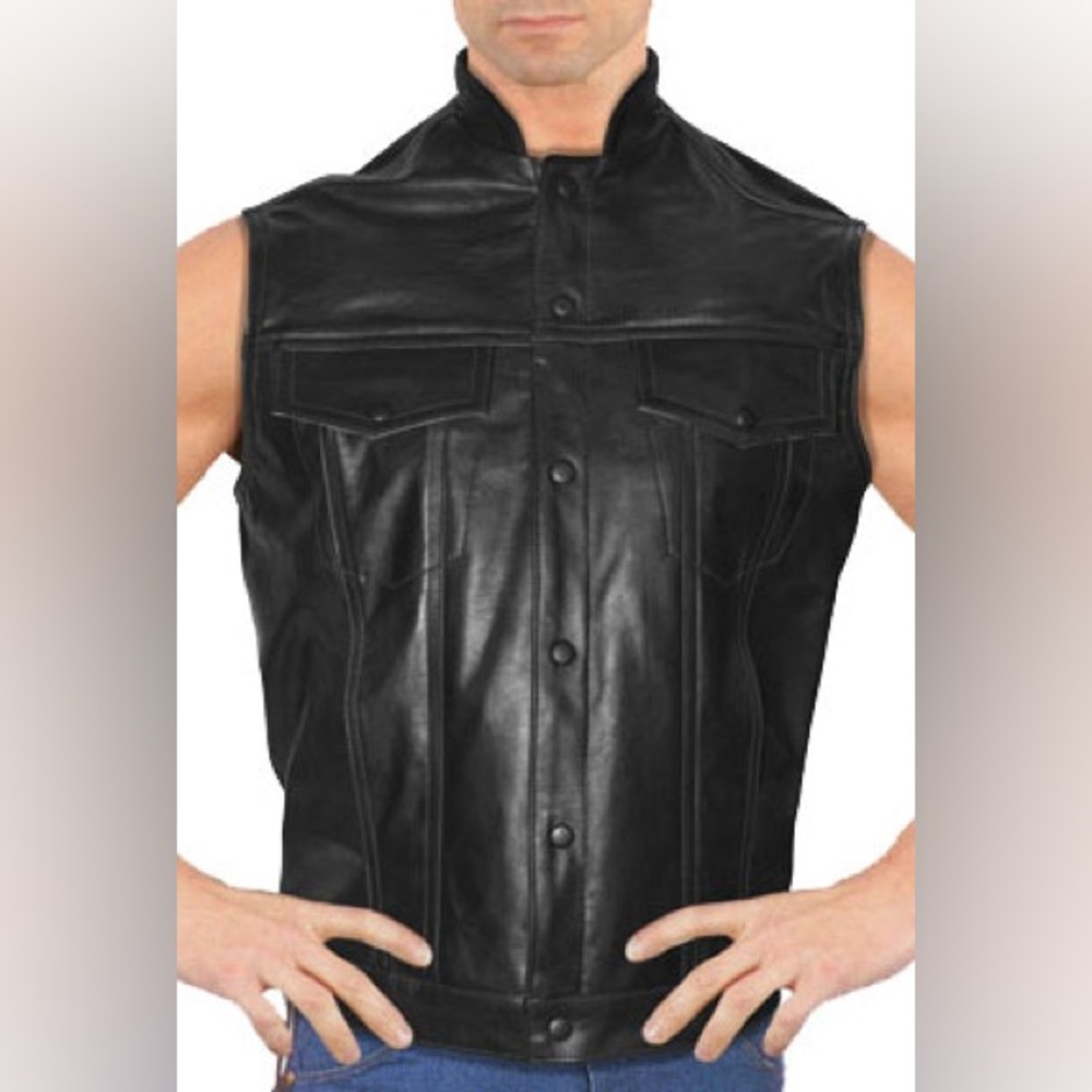 San Diego Leather Anarchist Biker Vest Men 44 Black Zip Mandarin Collar Moto USA